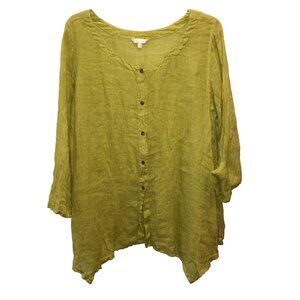 Kleen Tunic Top Womens 1X Yellow Green Long Sleeve Relaxed Flowy Linen Shirt